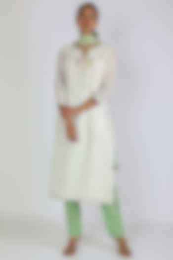 White & Mint Green Cotton Kurta Set by Vastraa