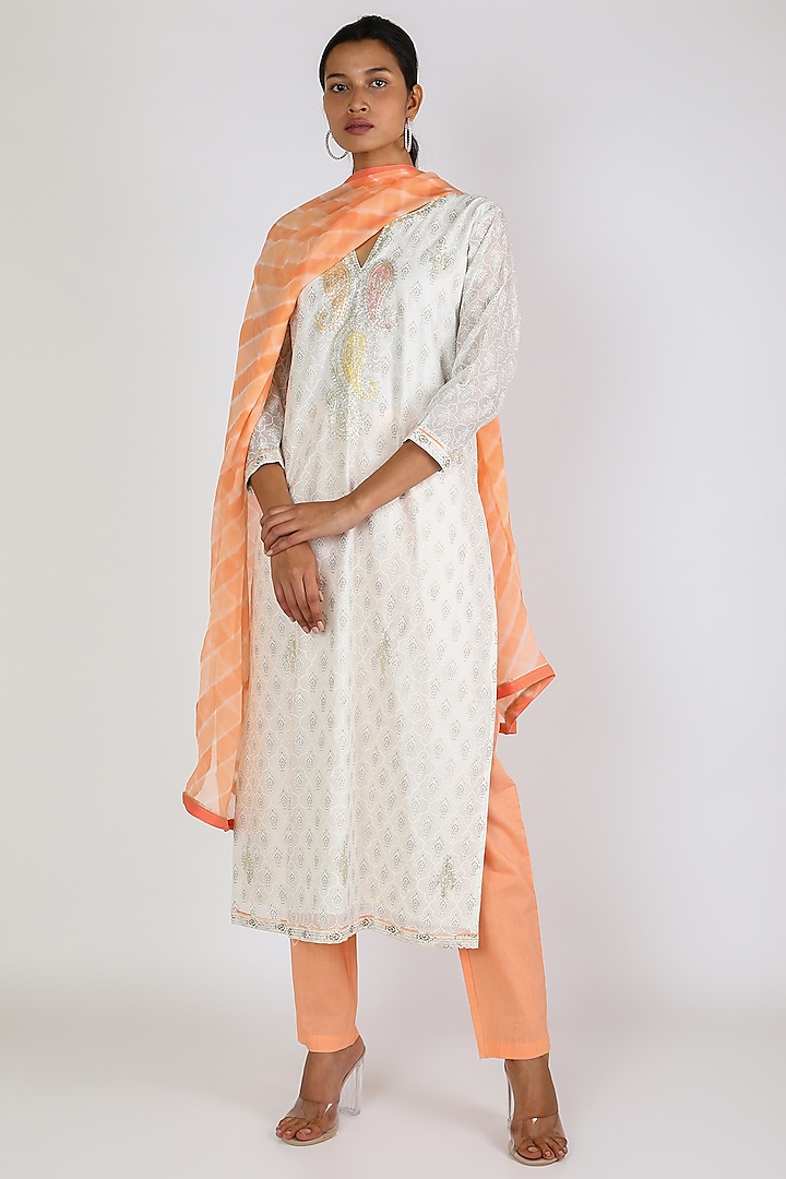 White & Orange Kurta Set by Vastraa