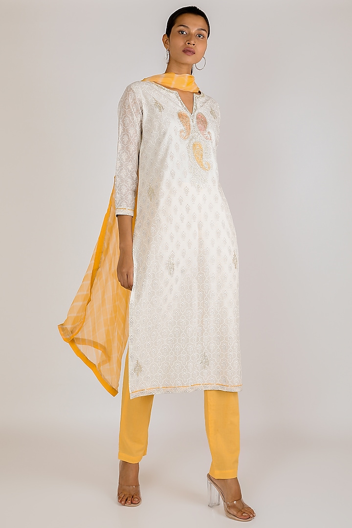 White & Yellow Cotton Kurta Set by Vastraa