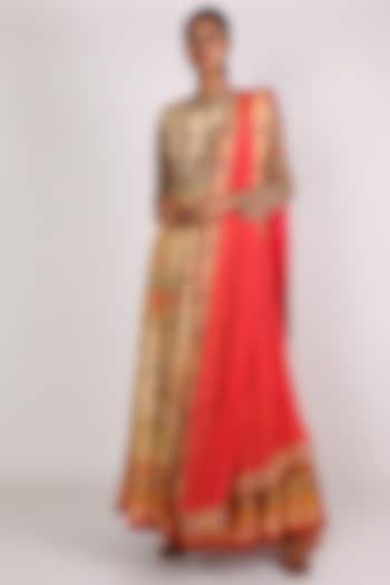 Red Printed Anarkali With Dupatta by Vastraa