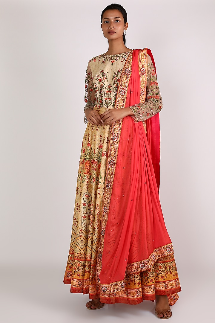 Red Printed Anarkali With Dupatta by Vastraa
