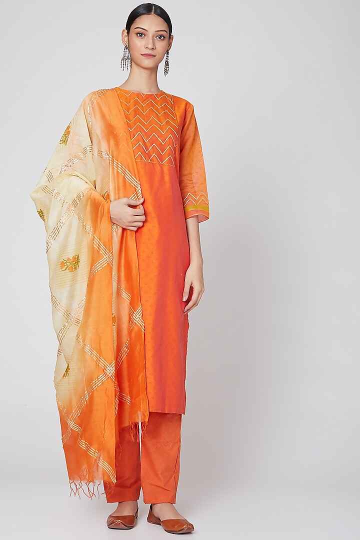 Orange Cotton Silk Blend Printed Kurta Set by VASTRAA