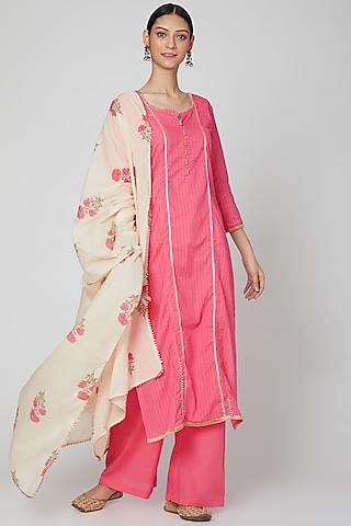Blush Pink & White Printed Kurta Set by VASTRAA