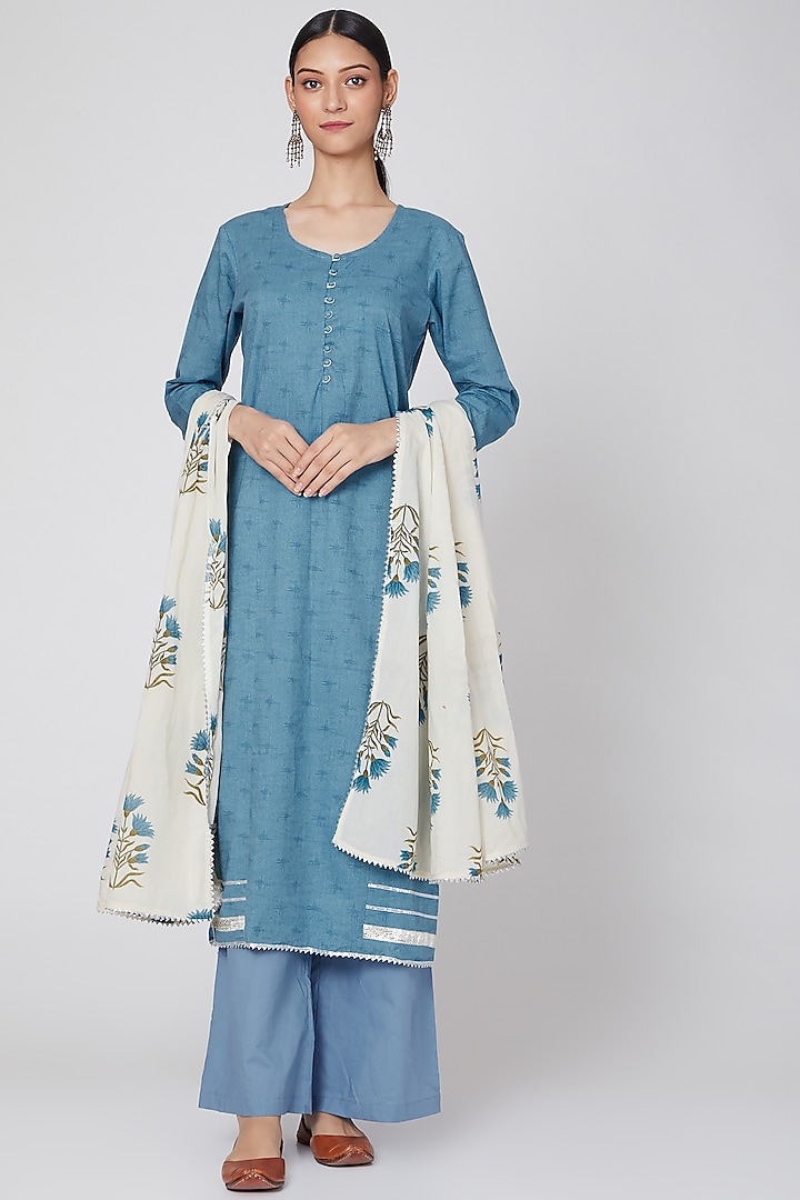 Cobalt Blue Printed Kurta Set by VASTRAA