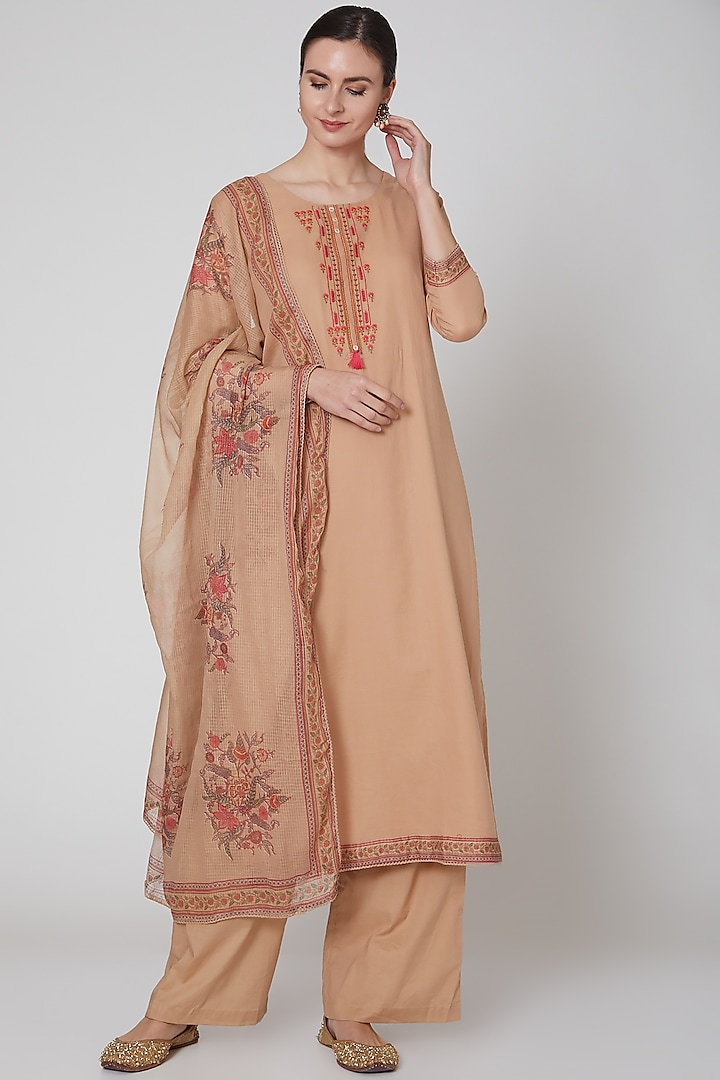 Nude Printed Kurta Set by VASTRAA