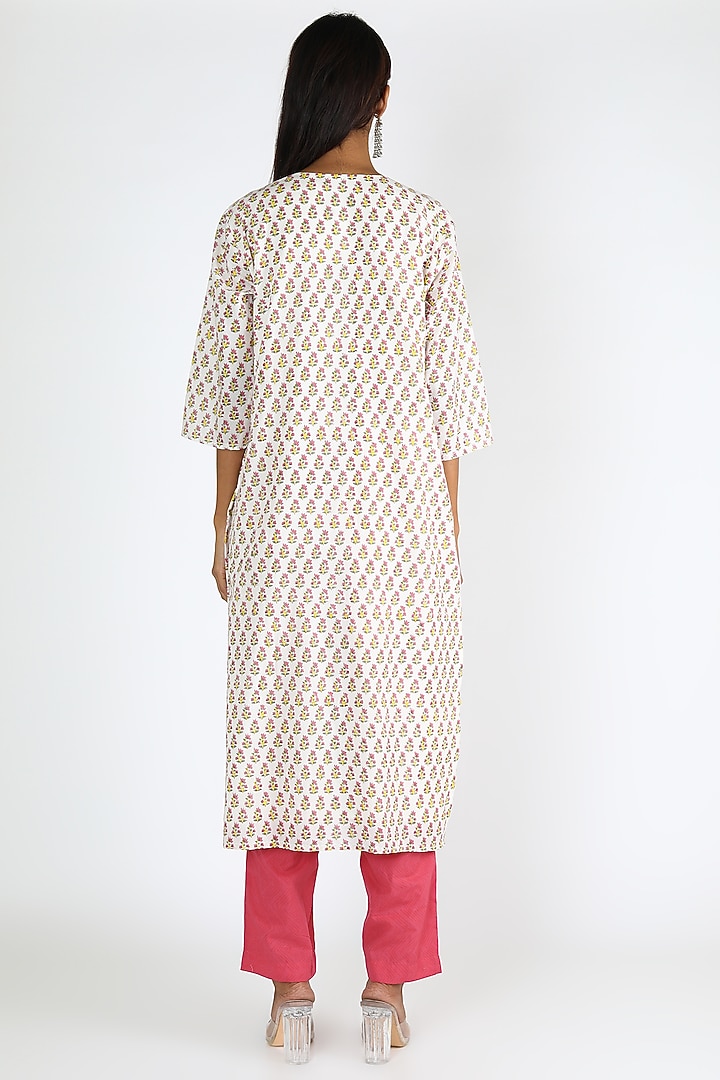 White & Hot Pink Embroidered Kurta Set by VASTRAA at Pernia's Pop Up Shop
