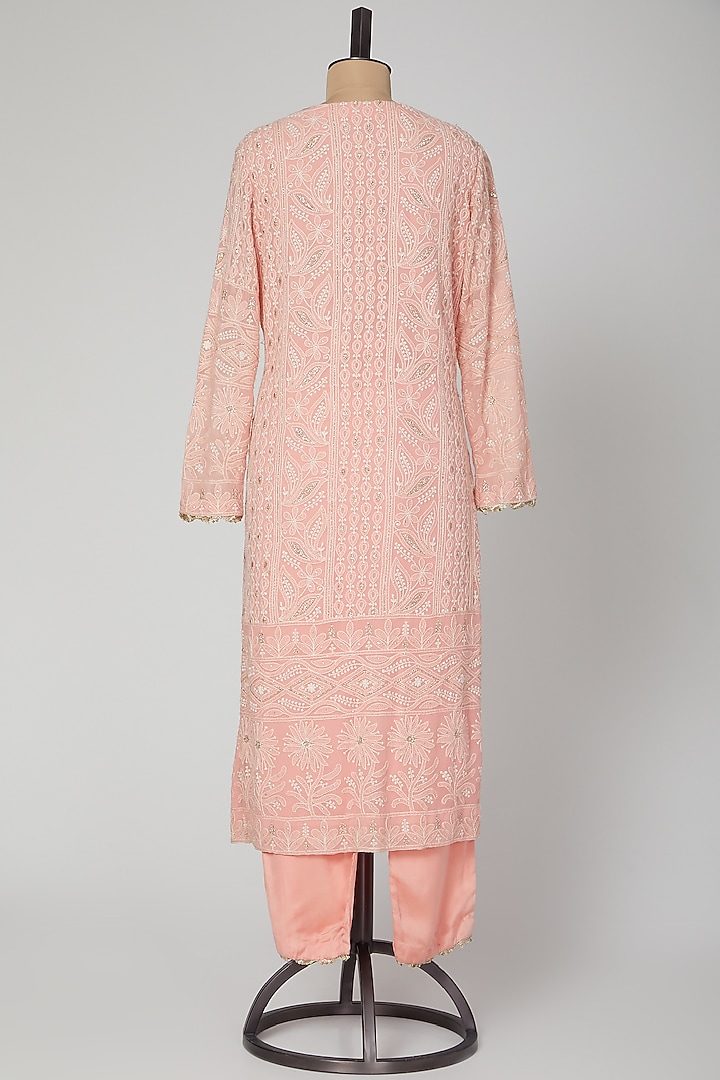 Baby Pink & White Lucknowi Kurta Set by VASTRAA at Pernia's Pop Up Shop