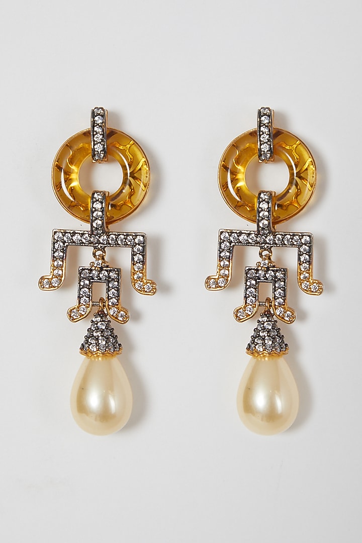 Black Rhodium Finish Pearl & Zircon Earrings by VASTRAA Jewellery at Pernia's Pop Up Shop