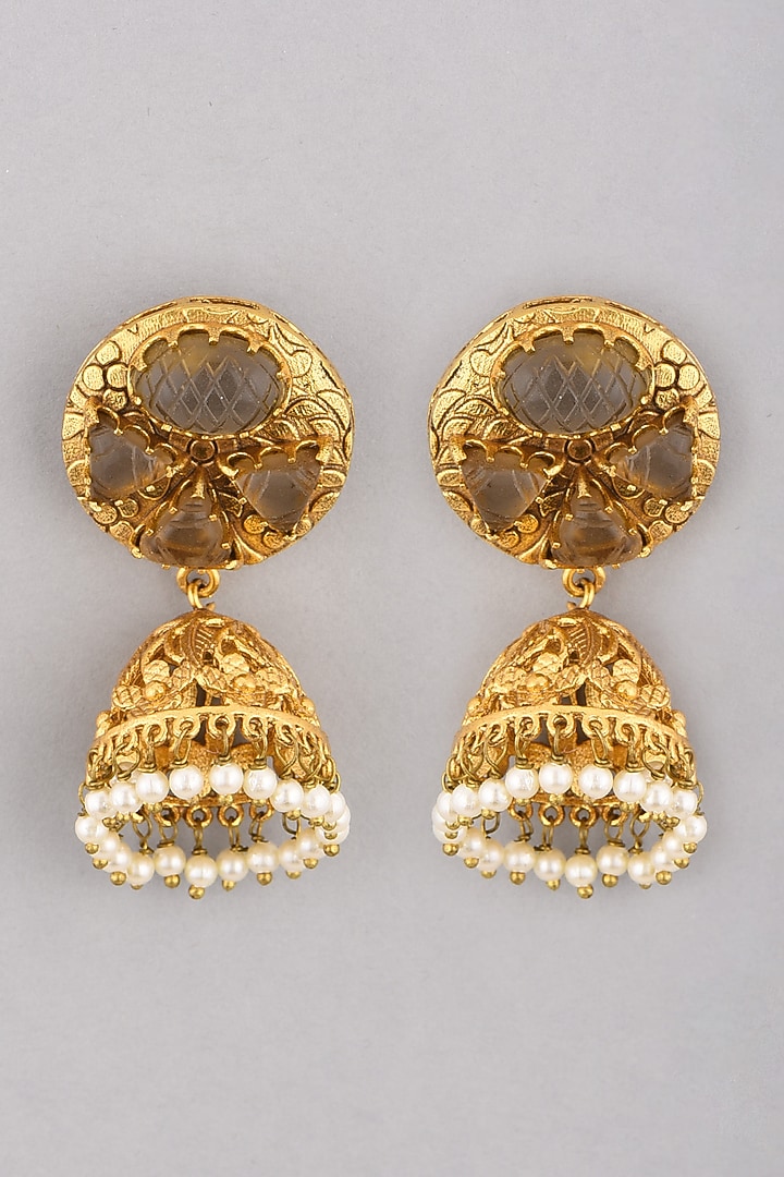 Gold Finish Jhumka Earrings by VASTRAA Jewellery at Pernia's Pop Up Shop