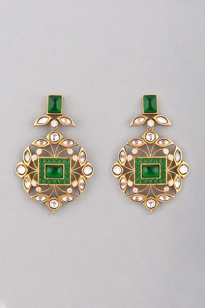 Gold Finish Green Stone Earrings by VASTRAA Jewellery at Pernia's Pop Up Shop