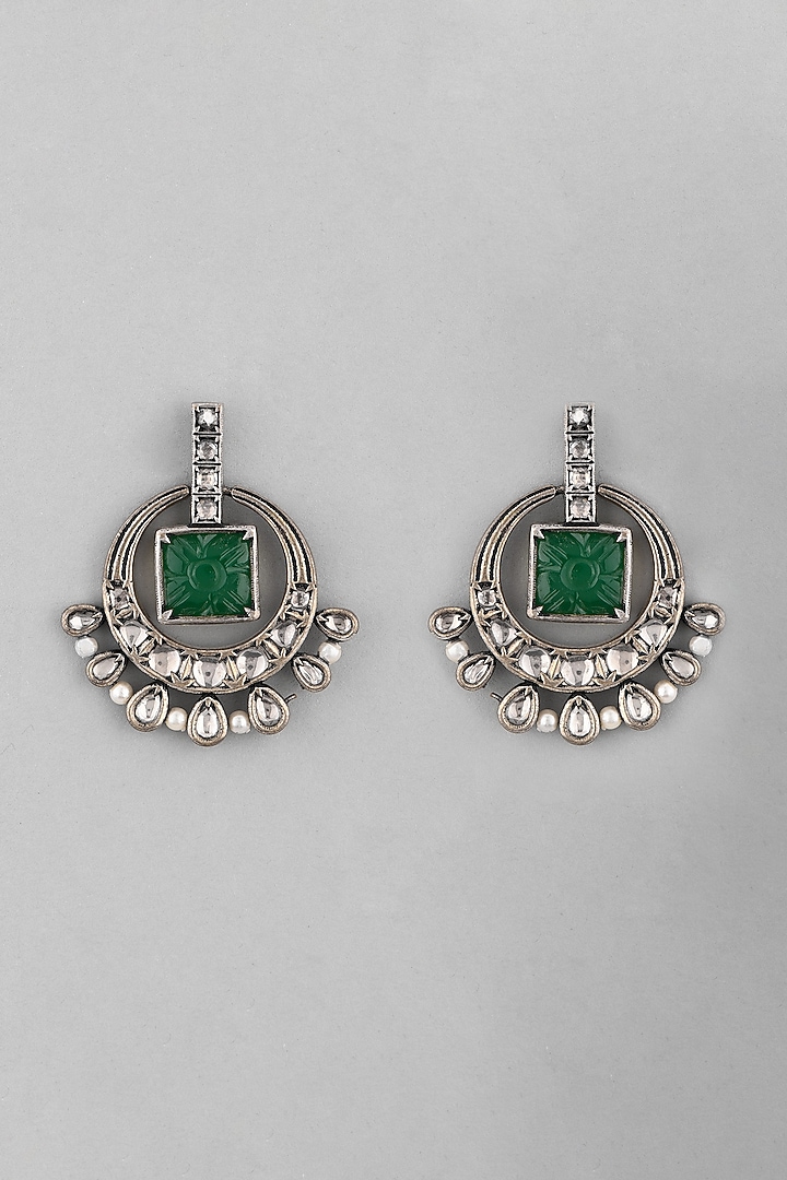 White Finish Green Stone Earrings by VASTRAA Jewellery at Pernia's Pop Up Shop