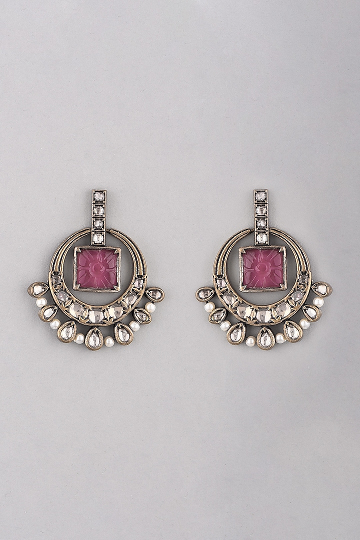 White Finish Pink Stone Antique Earrings by VASTRAA Jewellery at Pernia's Pop Up Shop