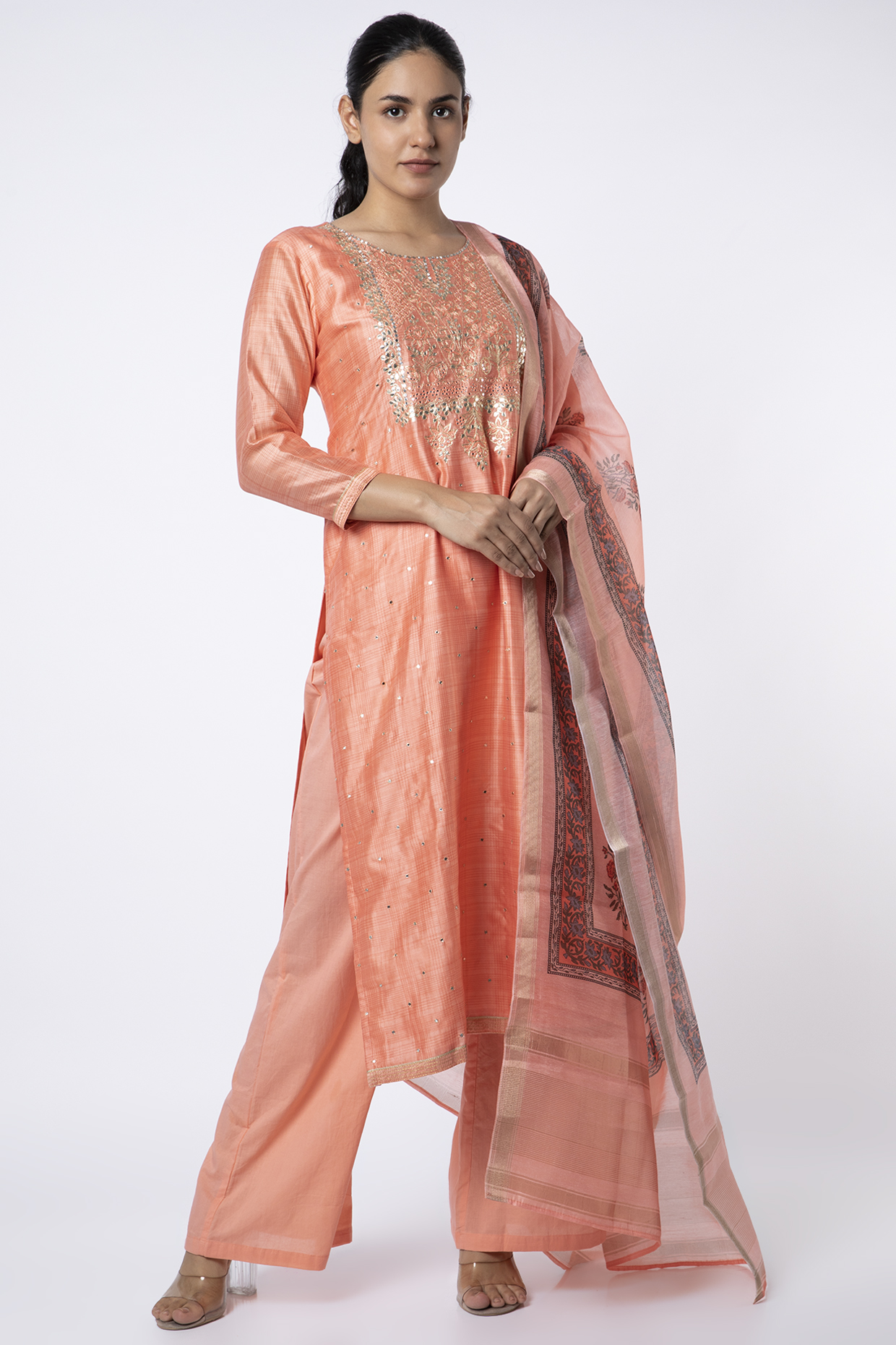 Peach Embroidered Kurta Set by VASTRAA at Pernia's Pop Up Shop