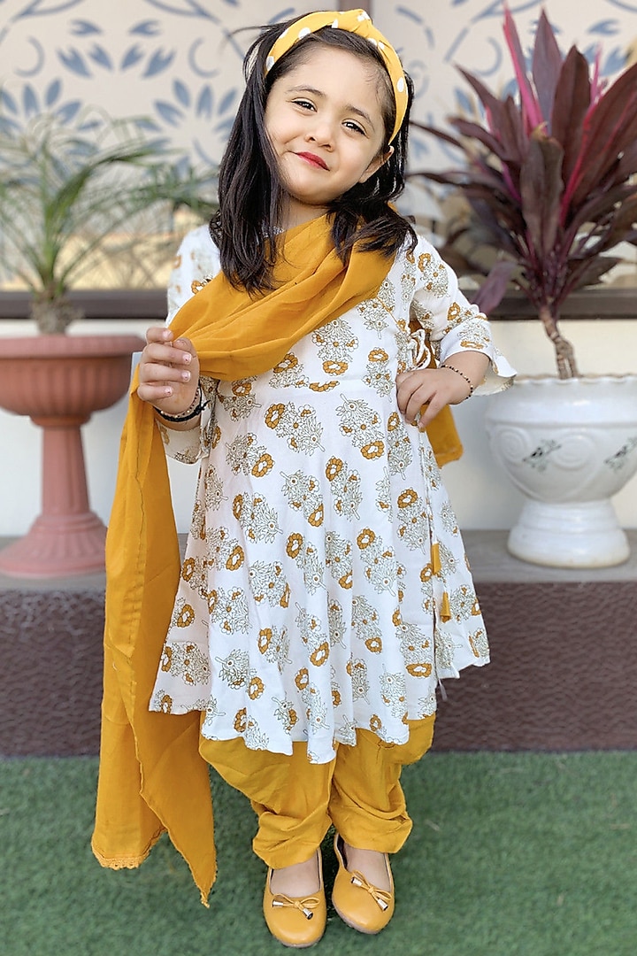Mustard Cotton Dhoti Set For Girls by Vastra Vinod