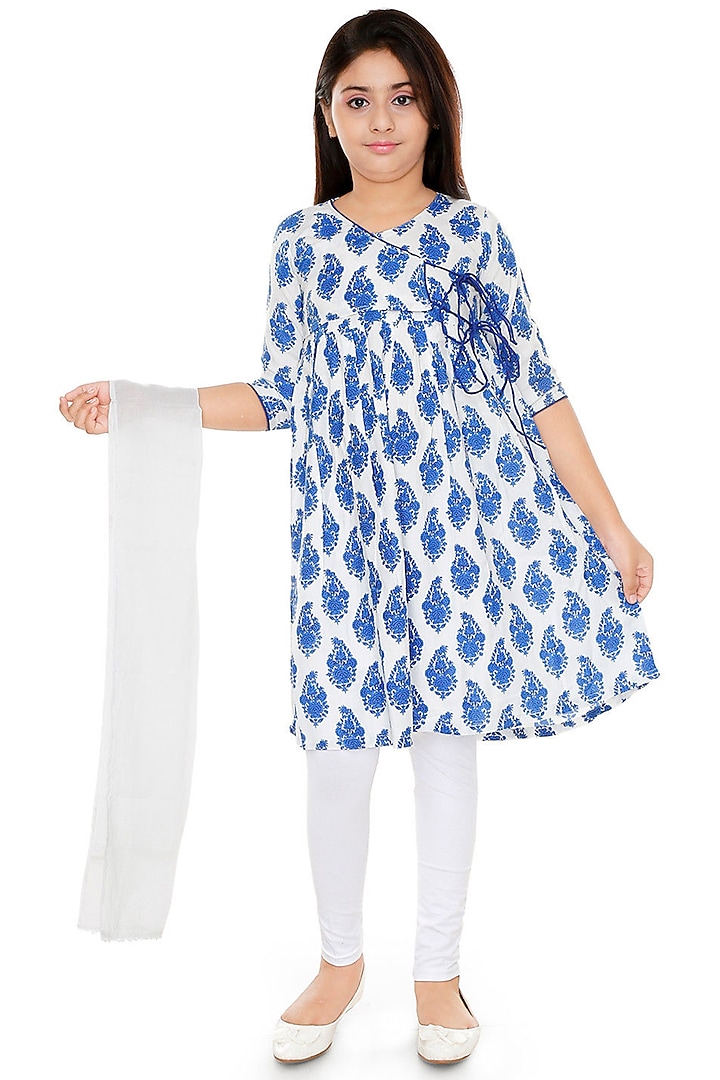 White & Blue Printed Kurta Set For Girls by Vastra Vinod