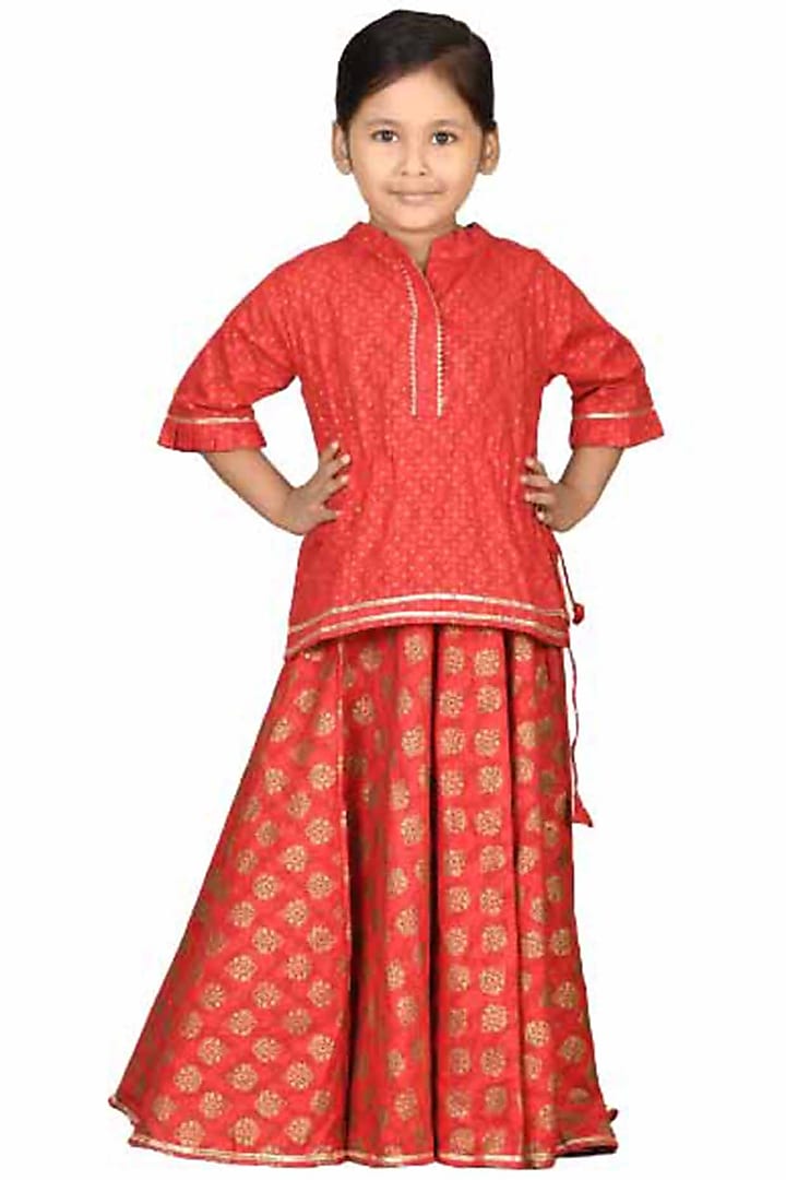 Red Floral Printed Lehenga Set For Girls by Vastra Vinod