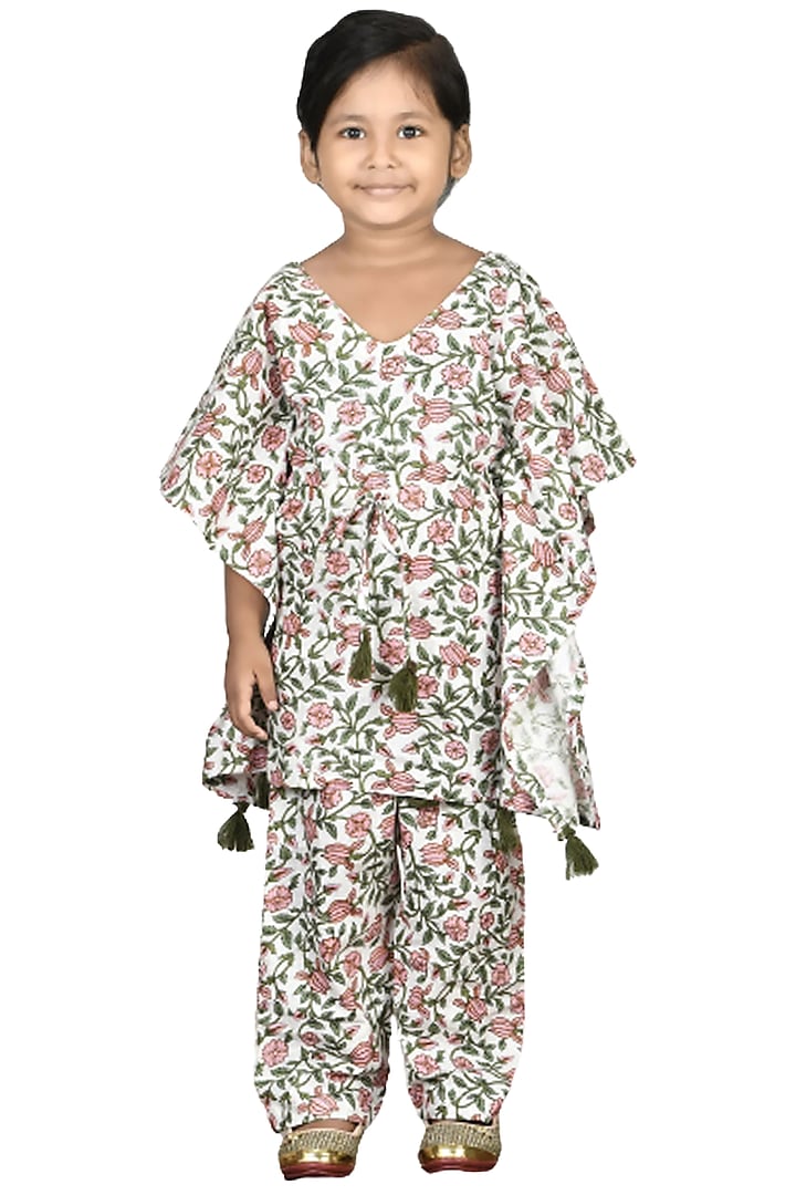 Off-White Floral Printed Kaftan Set For Girls by Vastra Vinod