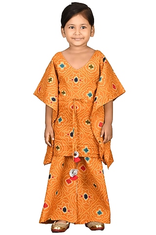 Mustard Printed Kaftan Set For Girls by Vastra Vinod