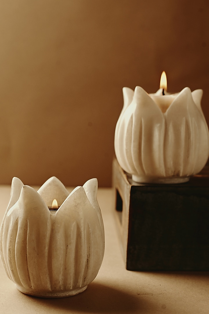 Ivory Marble Candle Holders (Set Of 2) by VATA LIVING at Pernia's Pop Up Shop