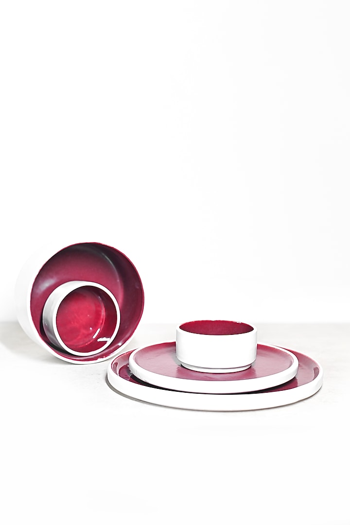 White & Maroon Stoneware Dinner Set (Set of 14) by VATA LIVING at Pernia's Pop Up Shop