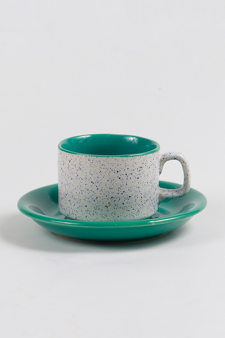 Green Stoneware Shvet Cup and Saucer Set by VATA LIVING