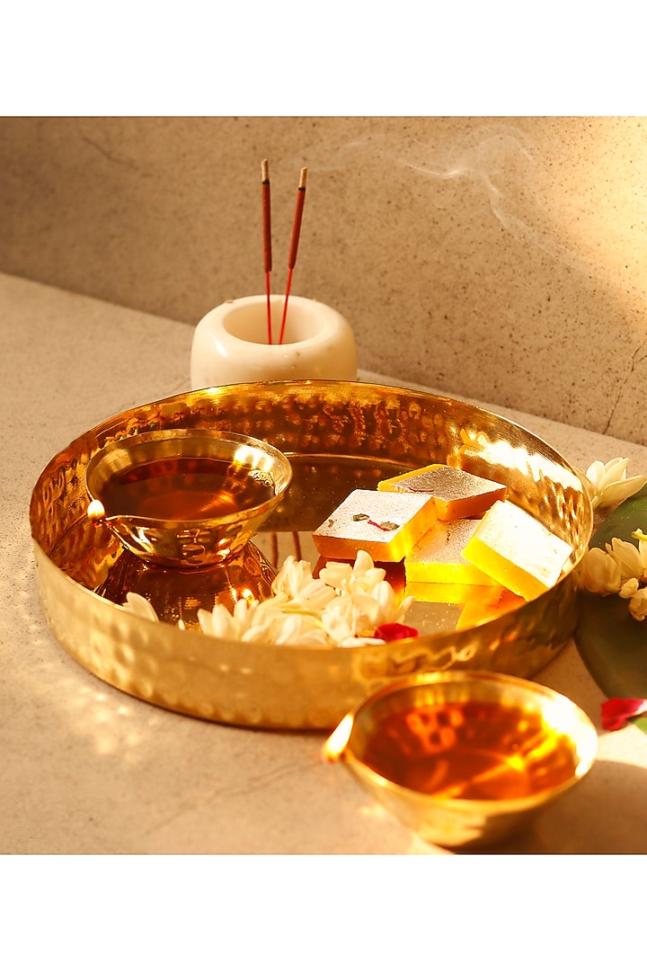 Golden Brass Pooja Set (Set of 5) by VATA LIVING at Pernia's Pop Up Shop