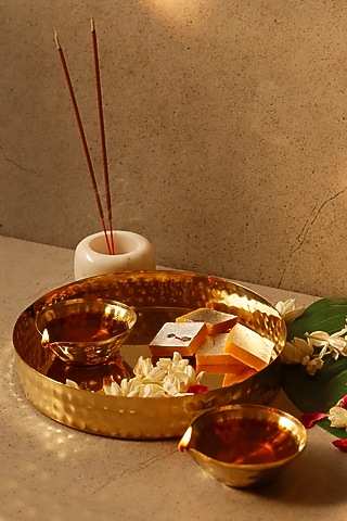 Golden Brass Pooja Set (Set of 5) by VATA LIVING