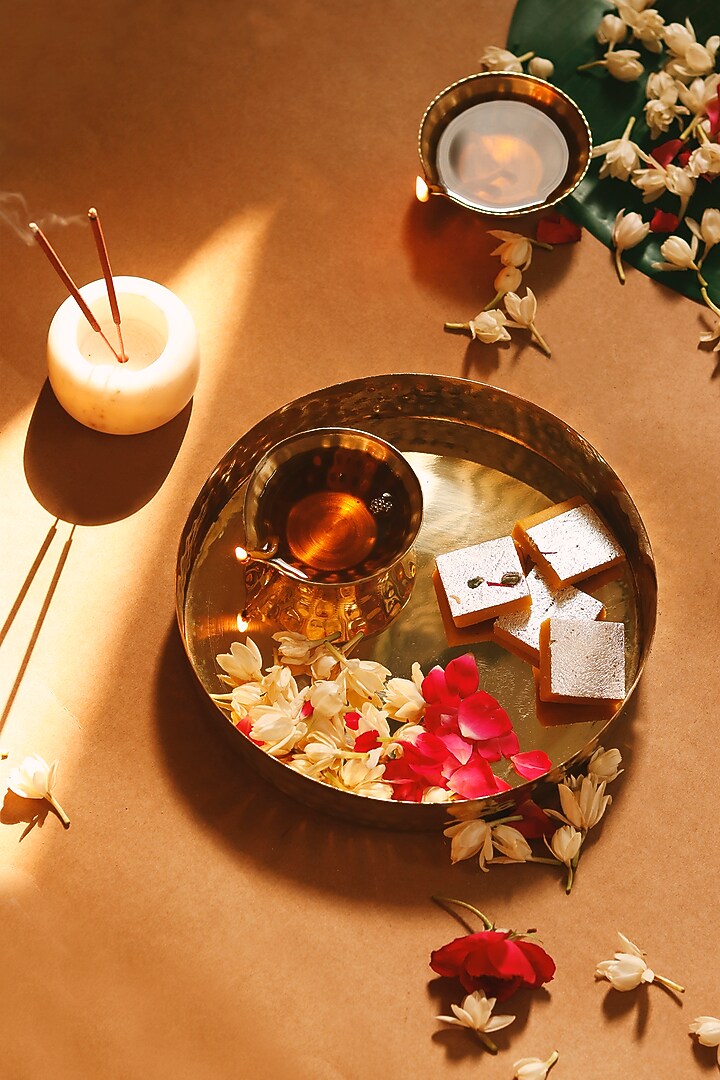 Golden Brass Pooja Set (Set of 5) by VATA LIVING at Pernia's Pop Up Shop