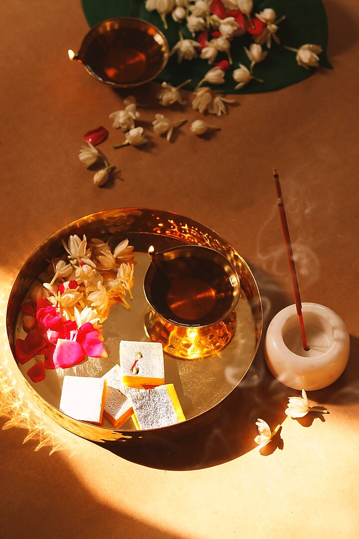 Golden Brass Pooja Set (Set of 5) by VATA LIVING at Pernia's Pop Up Shop