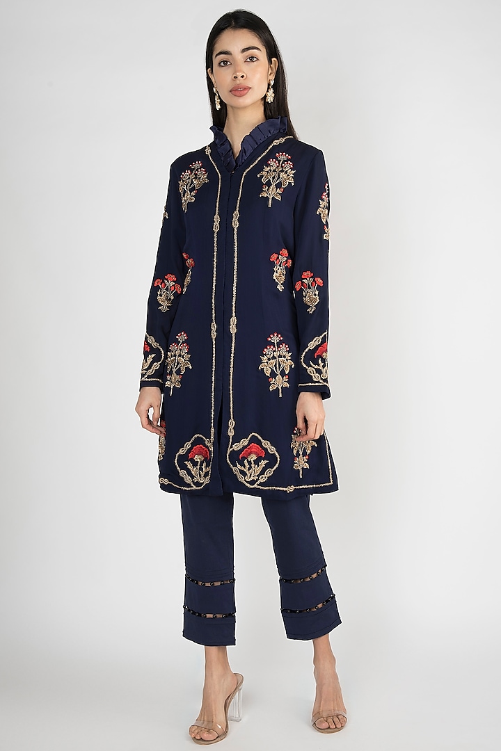 Navy Blue Embroidered & Printed Jacket With Pants by Varsha Wadhwa