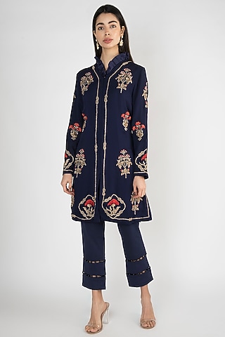 Navy Blue Embroidered & Printed Jacket With Pants by Varsha Wadhwa