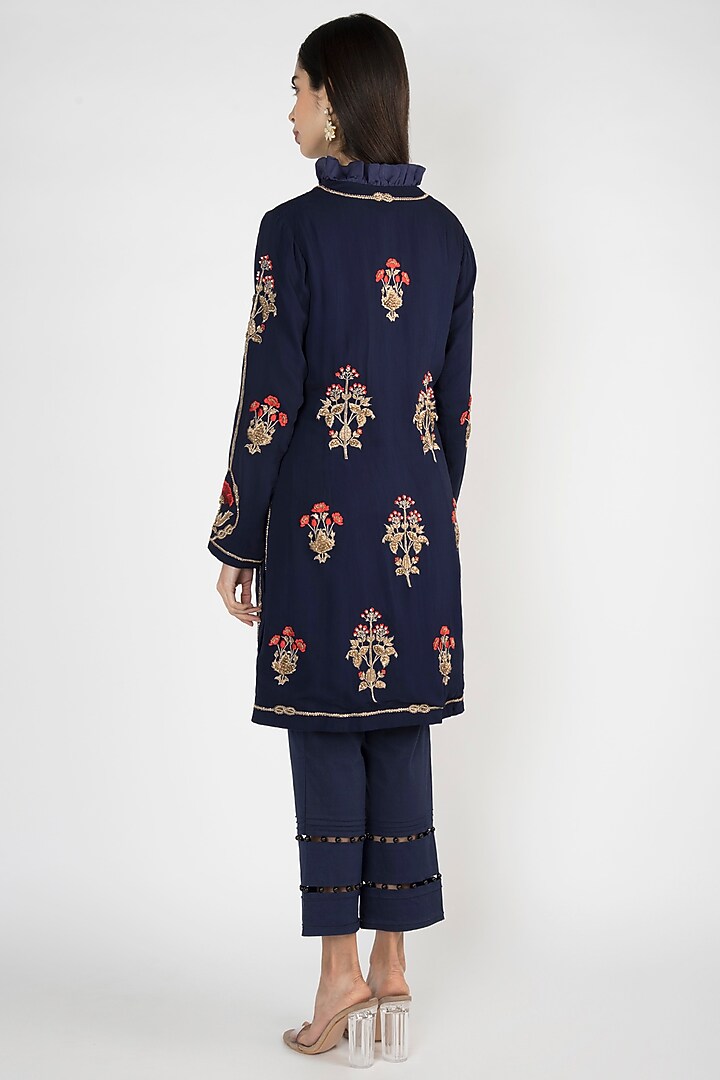 Navy Blue Embroidered & Printed Jacket With Pants by Varsha Wadhwa at Pernia's Pop Up Shop
