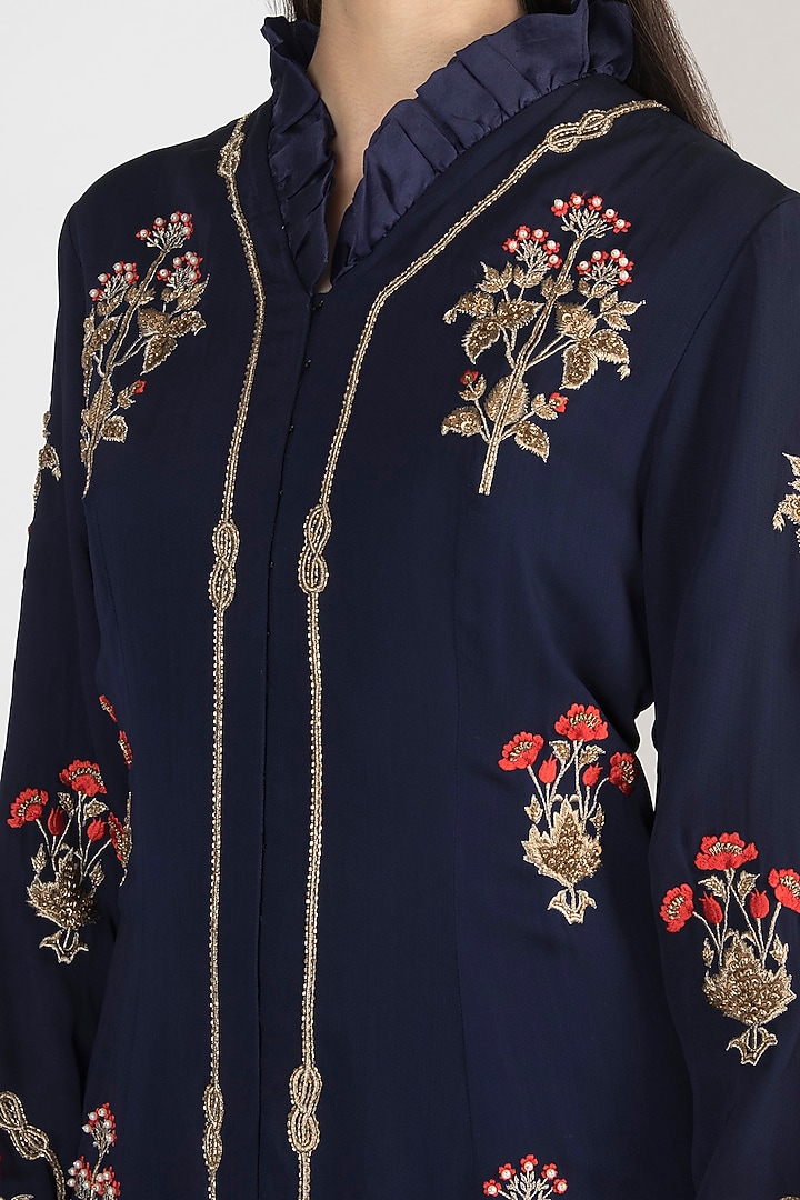 Navy Blue Embroidered & Printed Jacket With Pants by Varsha Wadhwa at Pernia's Pop Up Shop