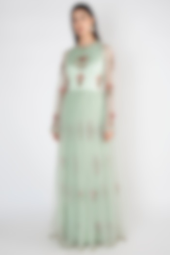 Mint Green Embroidered & Printed Gown by Varsha Wadhwa