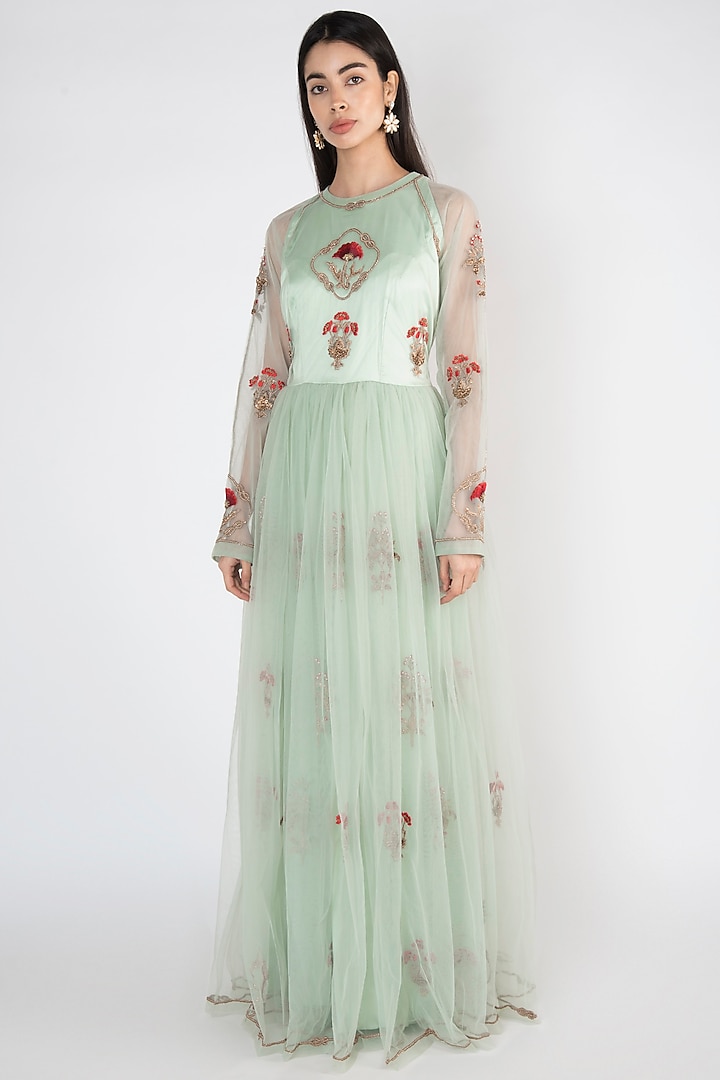 Mint Green Embroidered & Printed Gown by Varsha Wadhwa at Pernia's Pop Up Shop