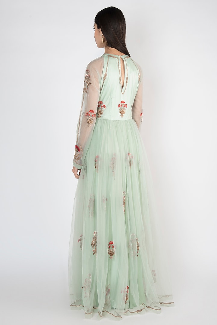 Mint Green Embroidered & Printed Engagement Gown by Varsha Wadhwa at Pernia's Pop Up Shop