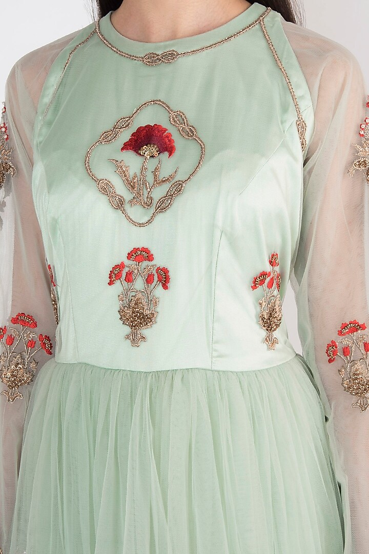 Mint Green Embroidered & Printed Engagement Gown by Varsha Wadhwa at Pernia's Pop Up Shop
