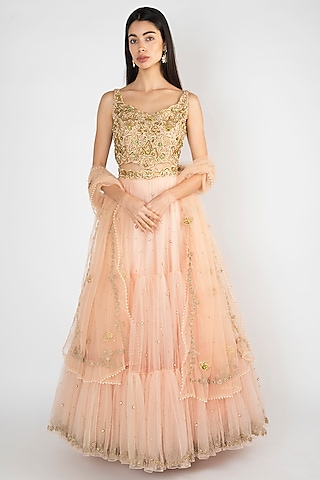 Peach Embroidered & Printed Lehenga Set by Varsha Wadhwa
