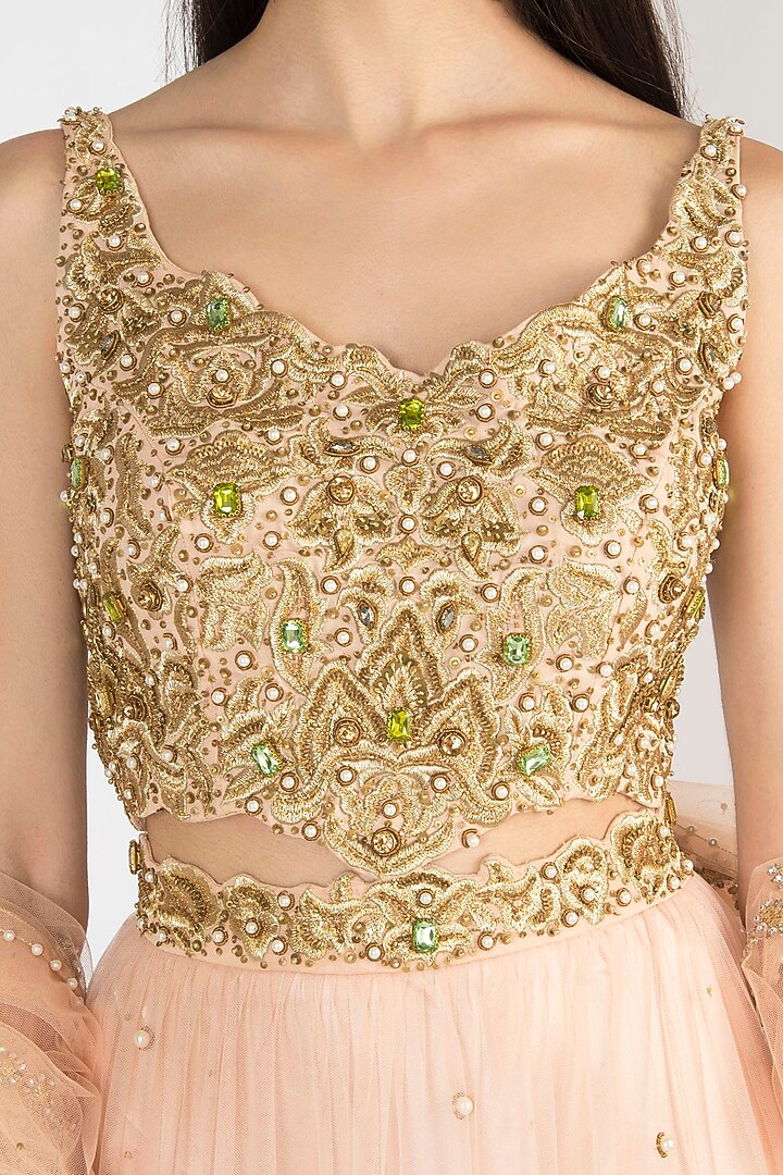 Peach Embroidered & Printed Wedding Lehenga Set by Varsha Wadhwa at Pernia's Pop Up Shop