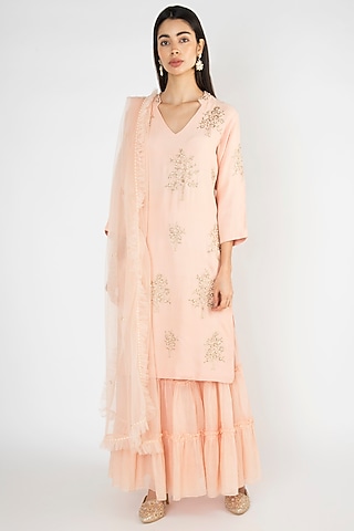 Peach Embroidered & Printed Sharara Set by Varsha Wadhwa