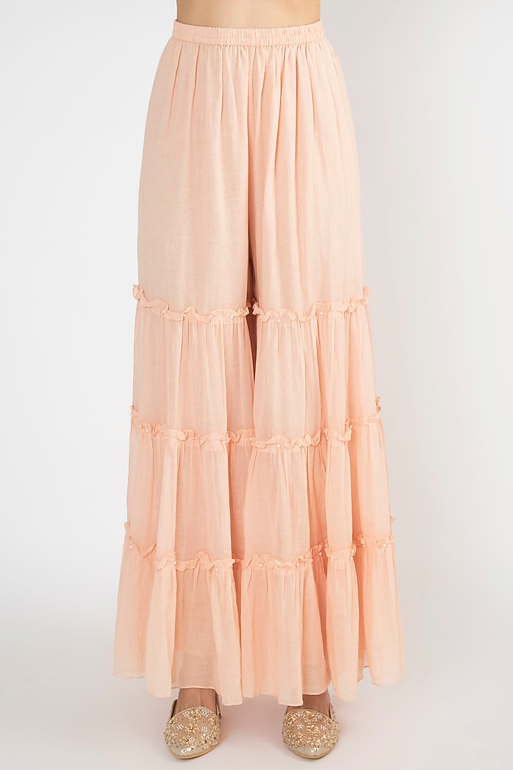 Peach Embroidered & Printed Party Wear Sharara Set by Varsha Wadhwa at Pernia's Pop Up Shop