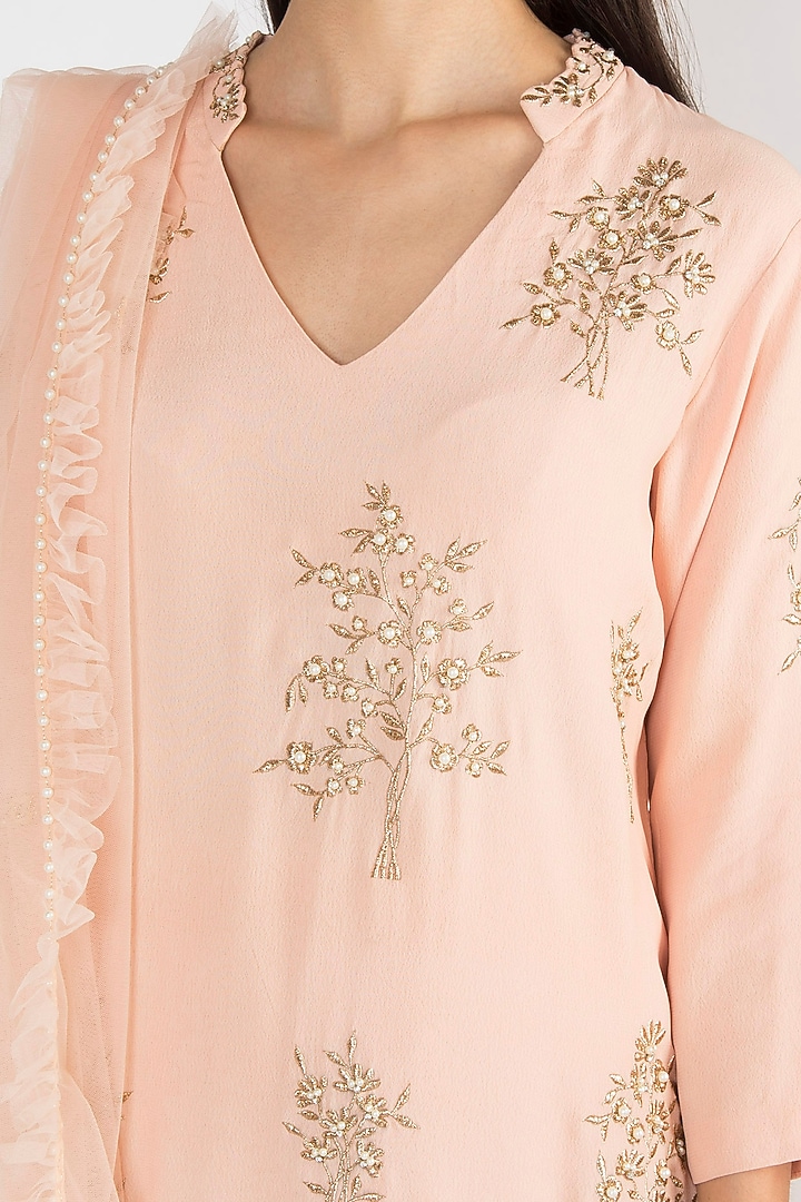 Peach Embroidered & Printed Party Wear Sharara Set by Varsha Wadhwa at Pernia's Pop Up Shop