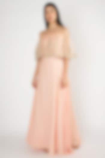 Peach Crop Top With Attached Embroidered Cape & Skirt by Varsha Wadhwa