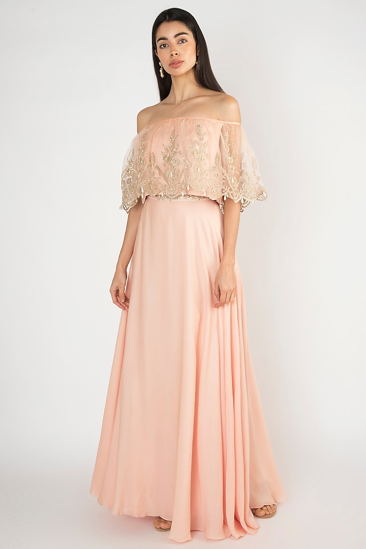 Peach Crop Top With Attached Embroidered Cape & Skirt by Varsha Wadhwa
