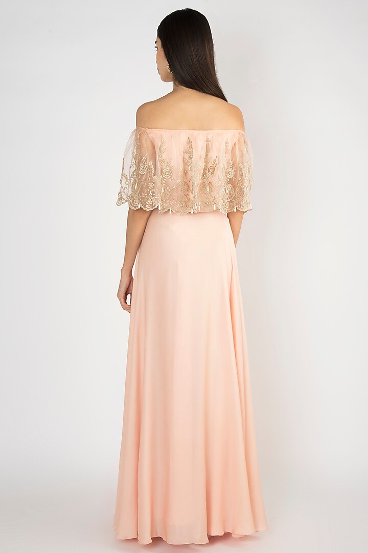 Peach Crop Top With Attached Embroidered Cape & Skirt by Varsha Wadhwa at Pernia's Pop Up Shop