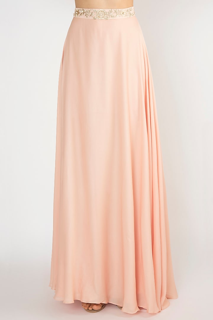 Peach Crop Top With Attached Embroidered Cape & Skirt by Varsha Wadhwa at Pernia's Pop Up Shop