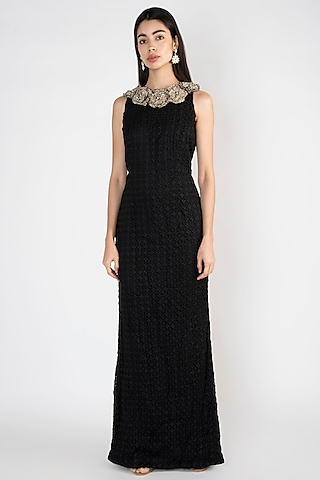 Black Embroidered Sleeveless Gown by Varsha Wadhwa