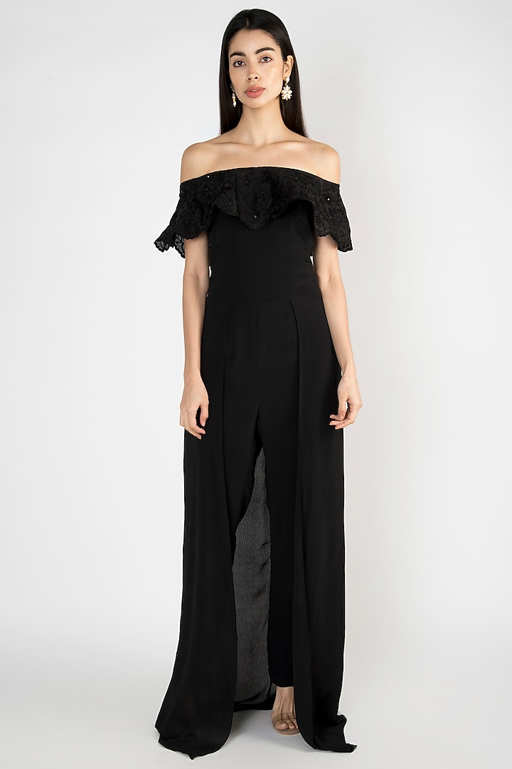 Black Embroidered Off Shoulder Gown by Varsha Wadhwa