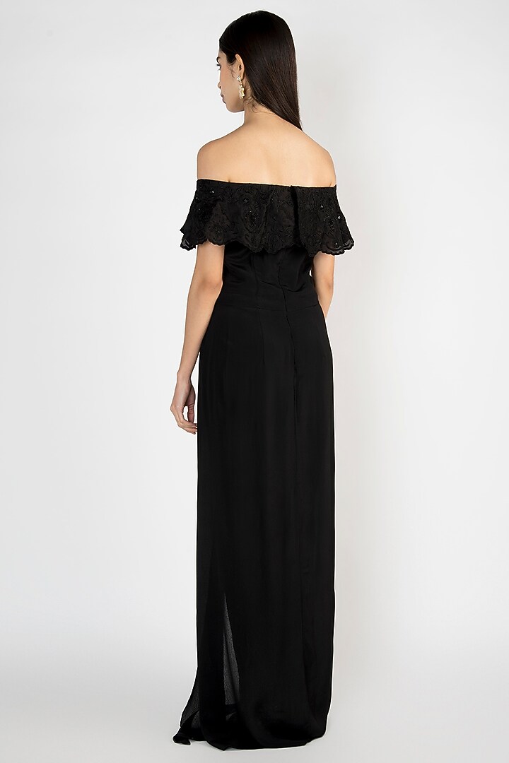Black Embroidered Off Shoulder Gown by Varsha Wadhwa at Pernia's Pop Up Shop