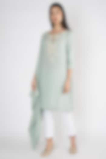 Mint Blue Embroidered Kaftan Tunic by Varsha Wadhwa at Pernia's Pop Up Shop